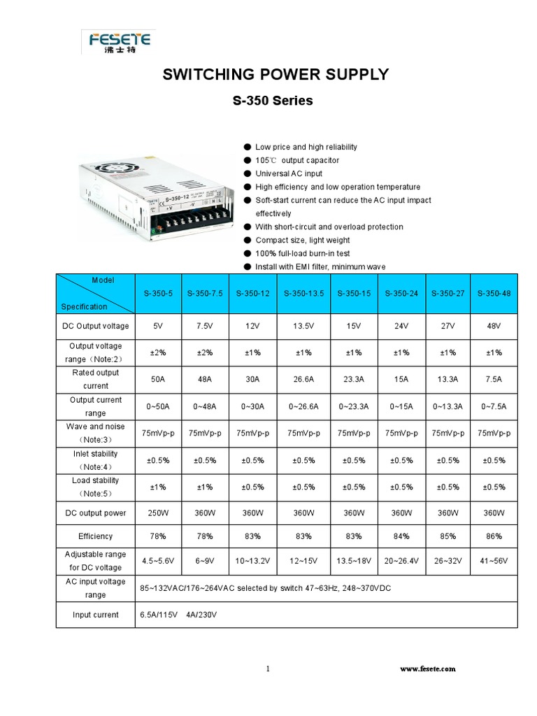 S-360-12 Power Supply Specifications | PDF | Power Supply | Power (Physics)
