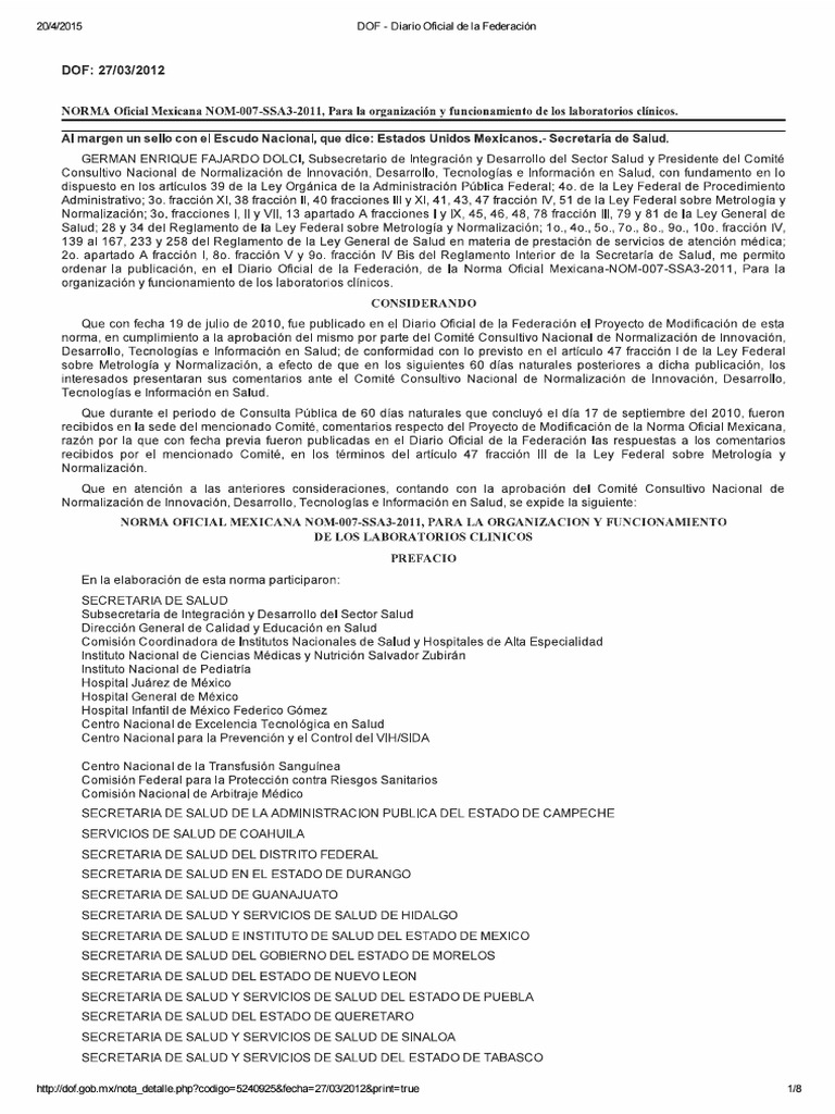 NORMA Oficial Mexicana NOM007SSA32011, Para La