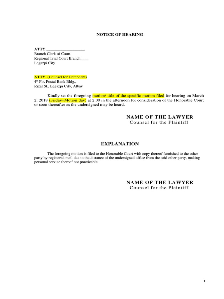 Notice of Hearing Template PDF