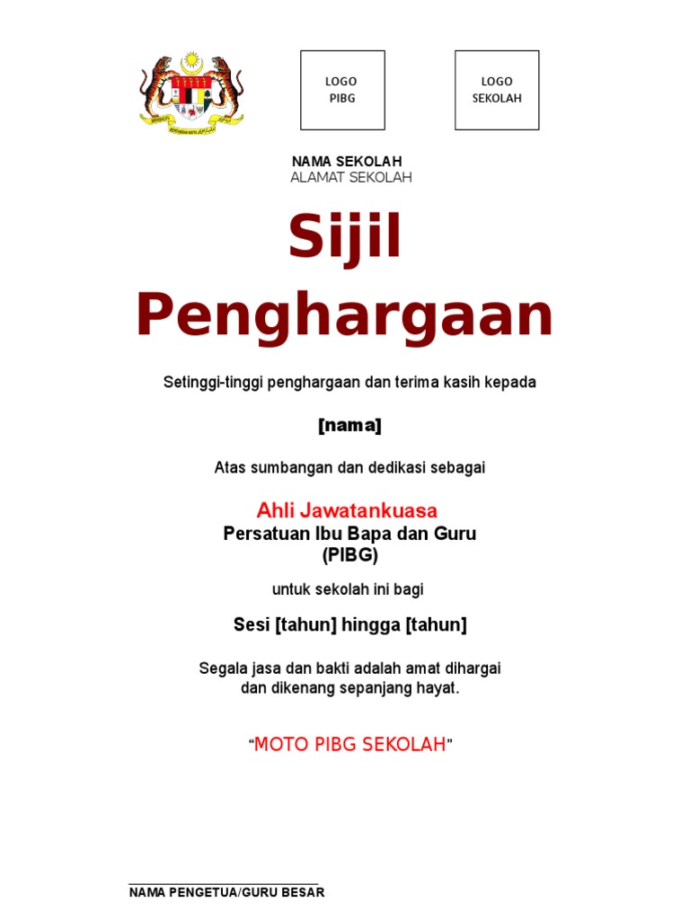 Contoh Sijil Penghargaan Untuk Ahli Jawatankuasa Rasong