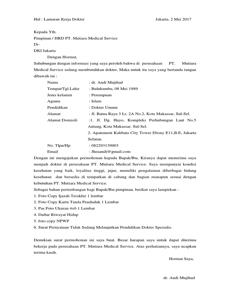 Surat Lamaran Kerja Di Tambang Batu Bara contoh surat