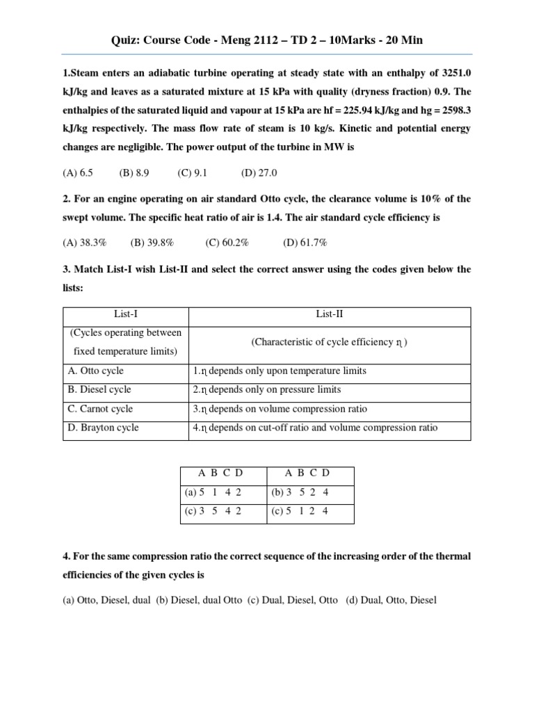 Meng 2112 Quiz: Thermodynamics Problems | PDF | Diesel Engine | Quantity