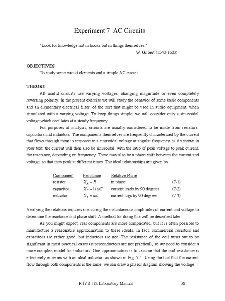 Experiment 7 AC Circuits: Objectives | PDF | Inductor | Electronic Filter
