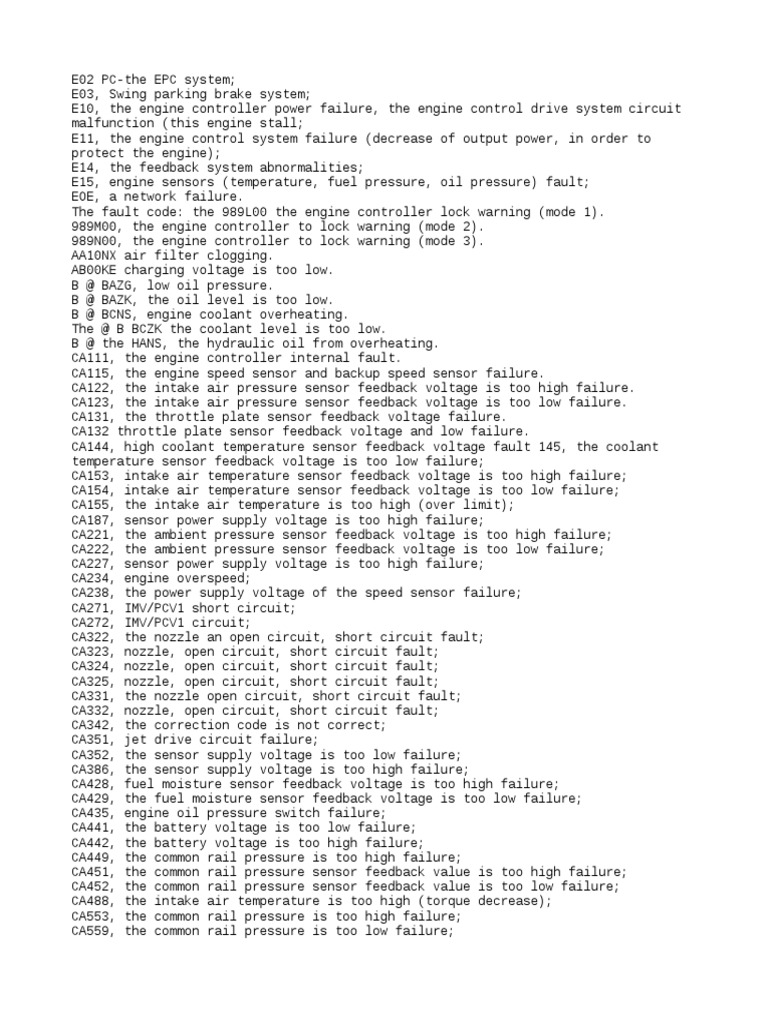 Komatsu Fault Codes List