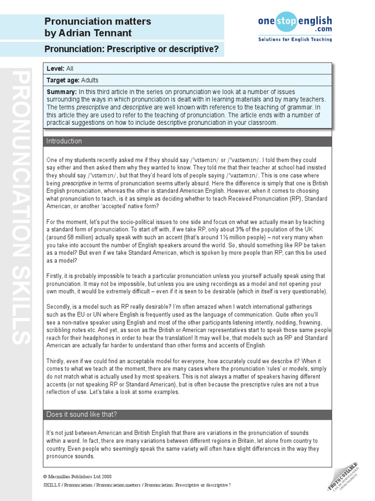 Pronunciation Matters by Adrian Tennant Pronunciation Prescriptive or