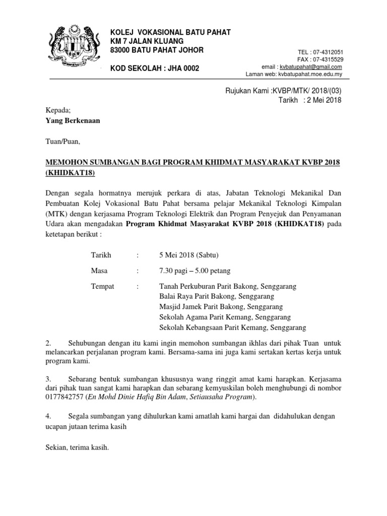 Surat Terima Kasih Atas Sumbangan Wang Bagikan Contoh