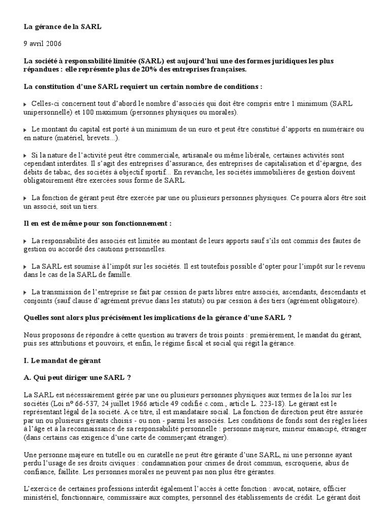 Un Fonctionnaire Peut Il Etre Associé D une Sarl La Gérance de La SARL | PDF | Business | Impôt sur le revenu