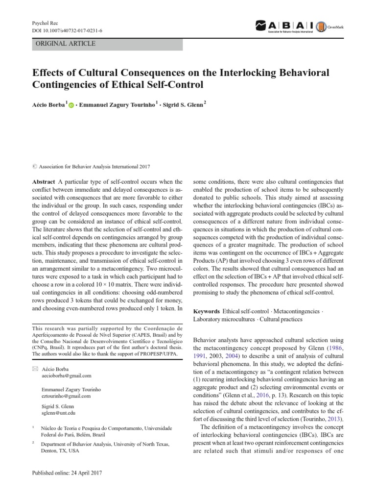 Borba, Tourinho e Glenn (2017) Effects of Cultural Consequences On The Interlocking Behavioral