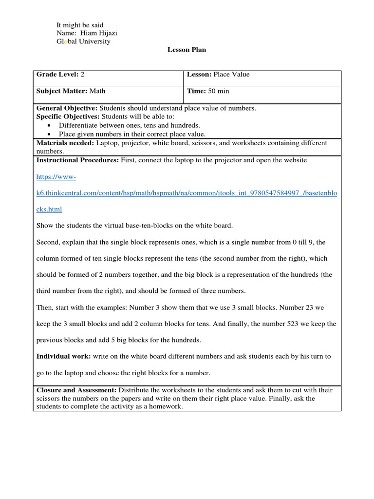 Grade 2 Place Value Lesson Plan | PDF