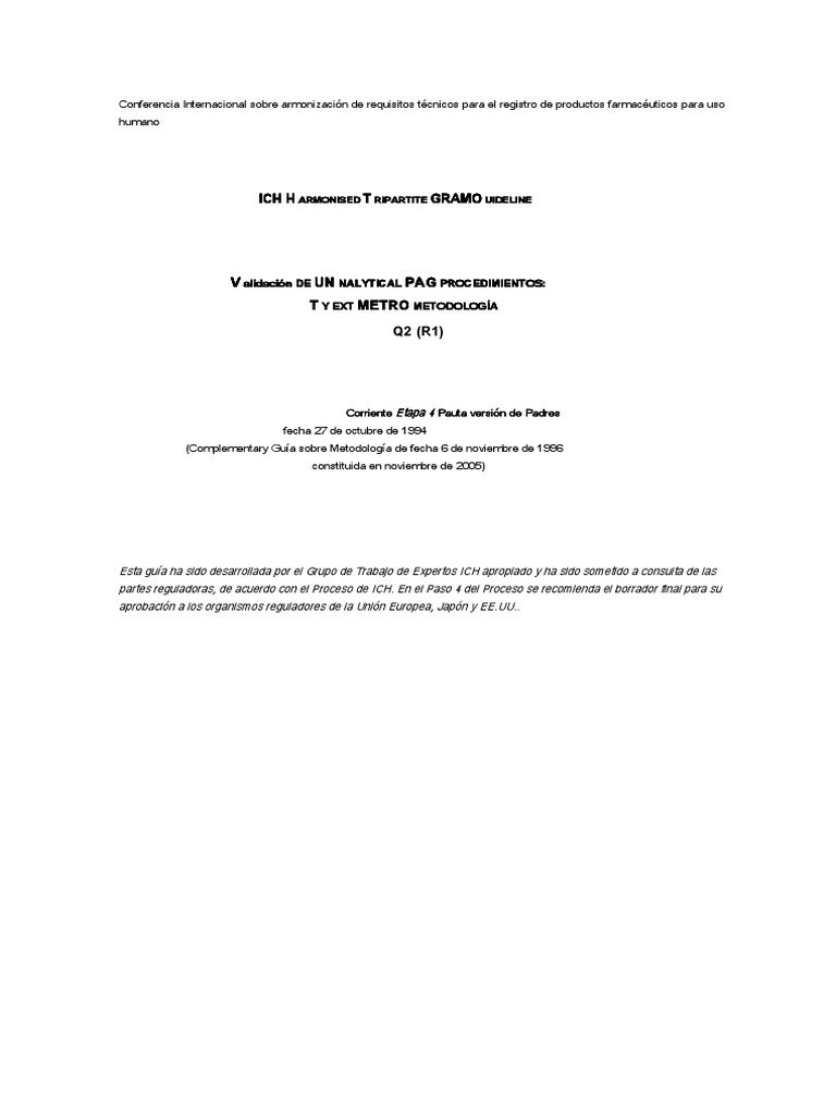 Directrices ICH Q2(R1) sobre Validación | PDF | Medición | Concentración