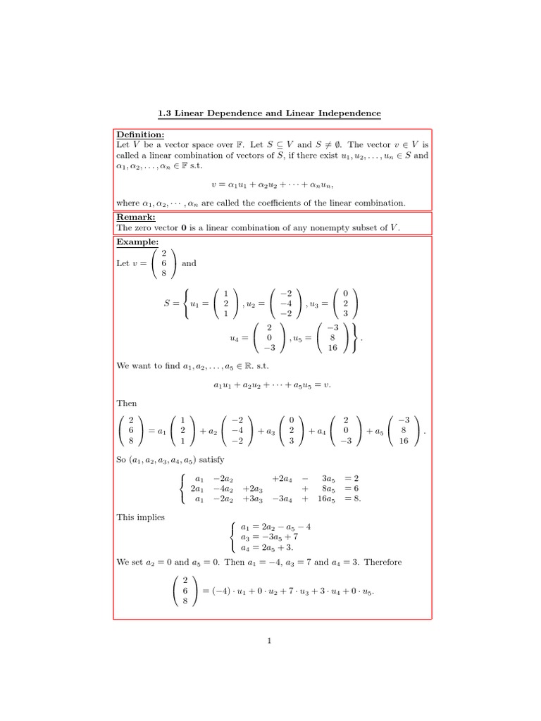 Note - 1-3 - Linear Dependence and Linear Independence | PDF | Vector ...