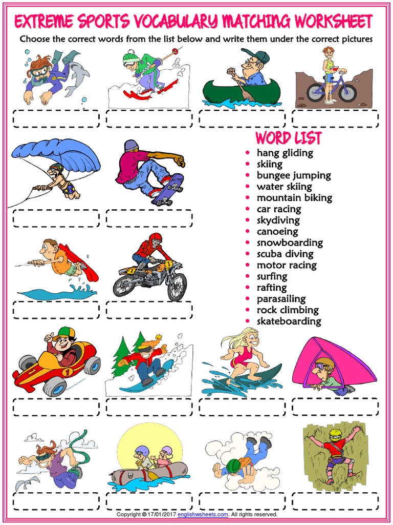 Extreme sports vocabulary esl matching exercise worksheet for kids