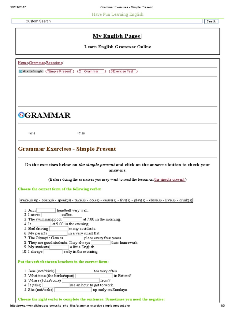 Simple Present Exercises with Answers | PDF | English Language | Grammar