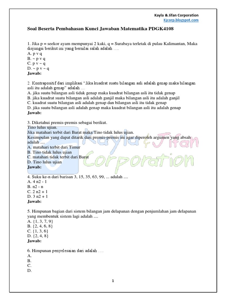  Soal  Ujian  UT  PGSD  PDGK4108 Matematika