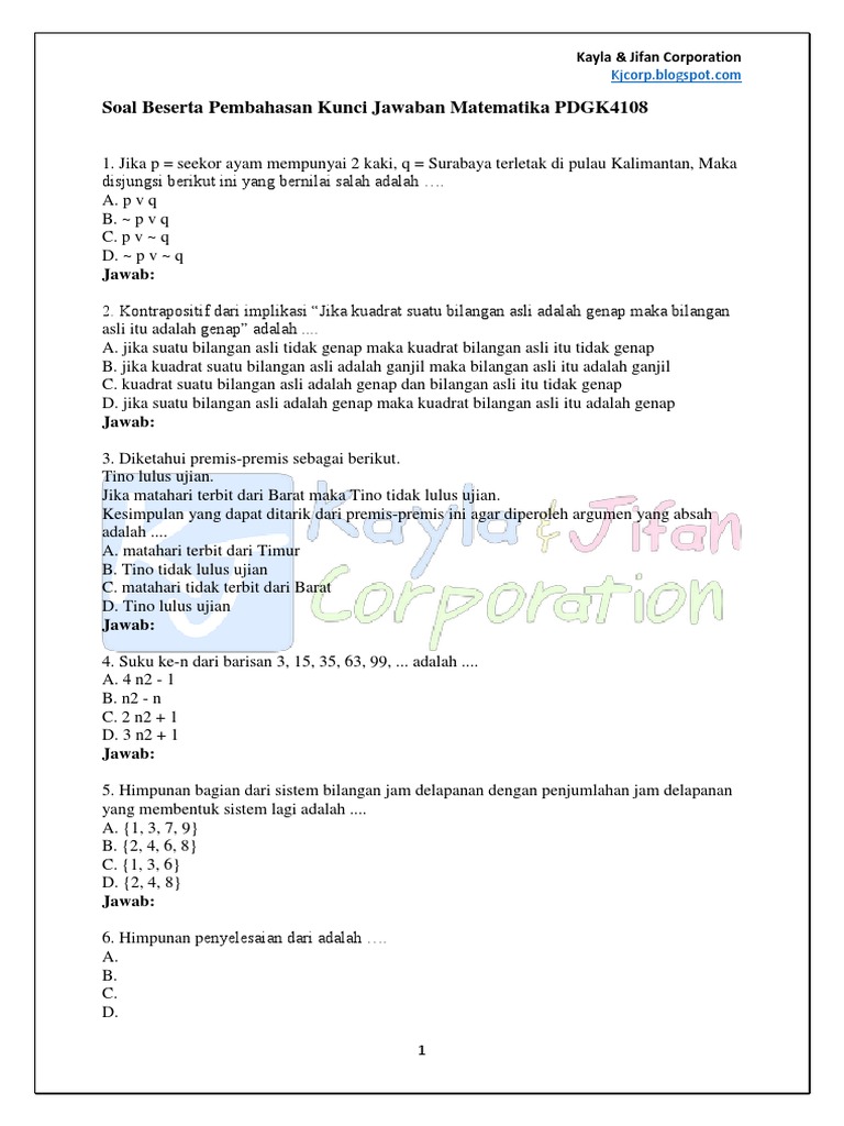  Soal Ujian UT PGSD PDGK4108 Matematika