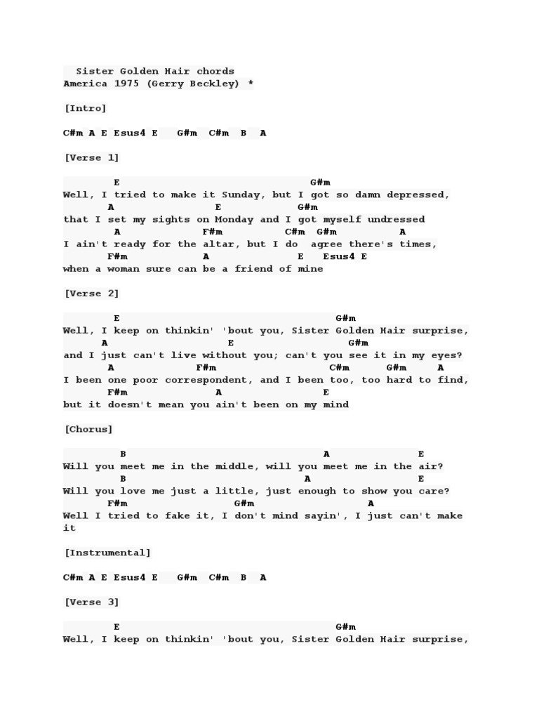 Sister Golden Hair Chords Song Structure Performing Arts