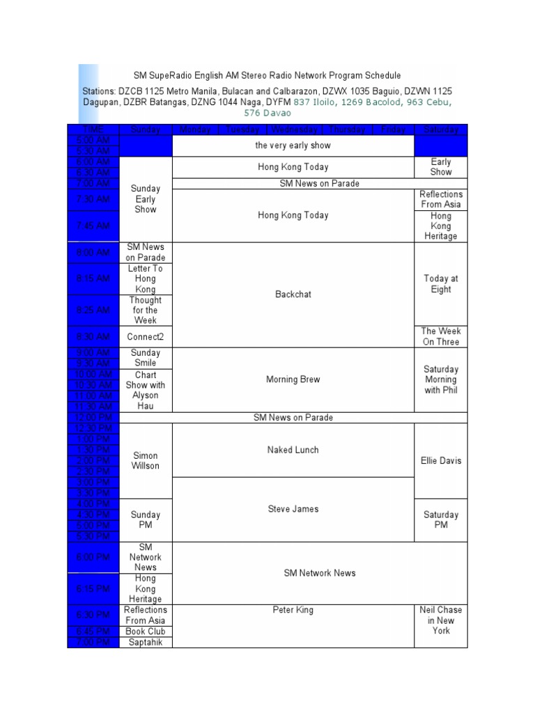 SM SupeRadio Program Schedule | PDF | Radio Broadcasting | Am Broadcasting