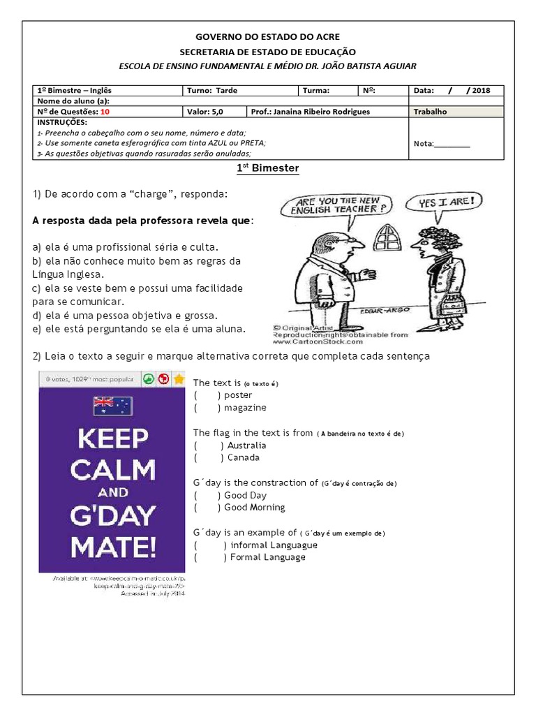 Prova de Ingles 1 Ano 1 Bim - Jba - 2018 | PDF | Escolas | Ensinar e ...