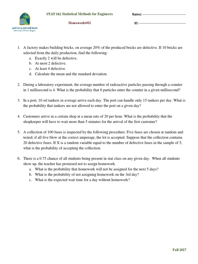 STAT 342 Statistical Methods For Engineers: Homework#02 | PDF