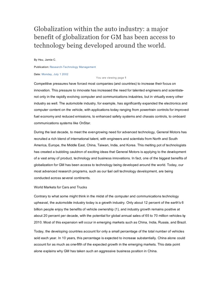 Globalization Within The Auto Industry PDF General Motors
