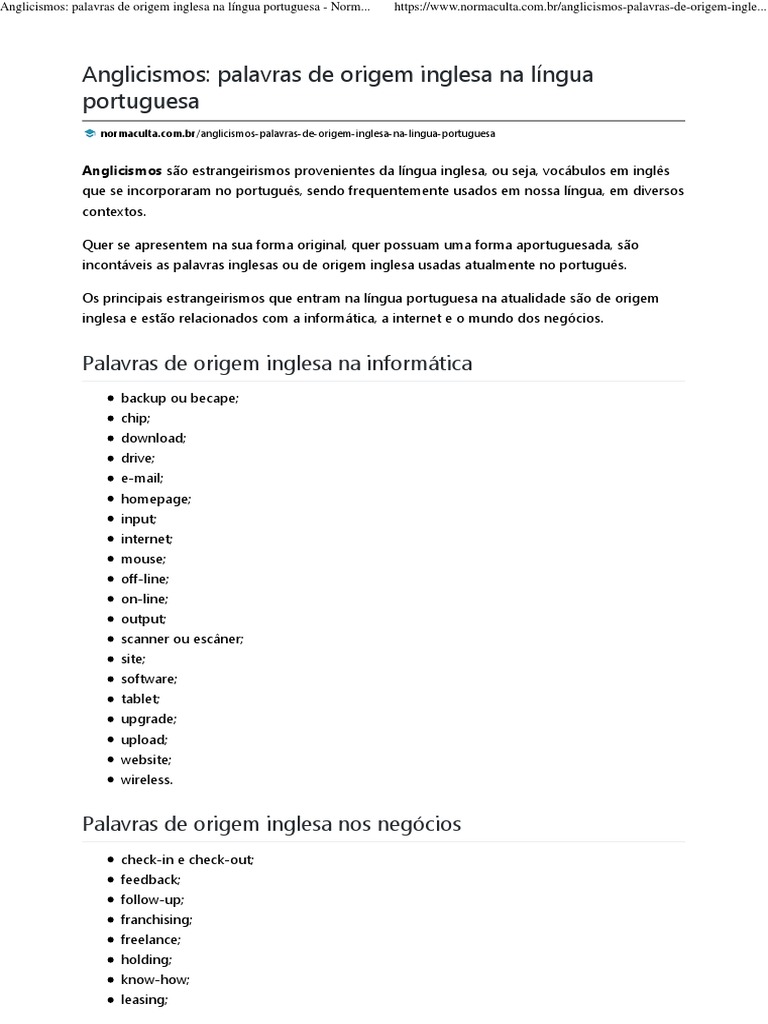 Palavras de Origem Inglesa Na Língua Portuguesa - Norma Culta | PDF ...