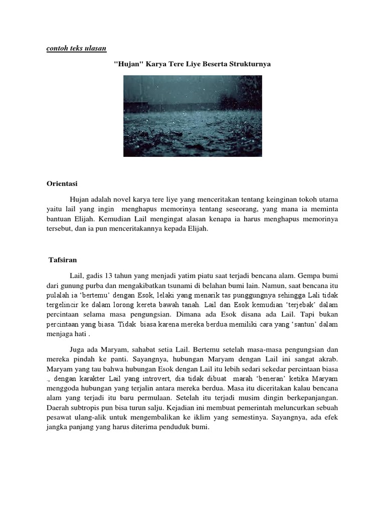 Contoh Teks Ulasan Novel Hujan - Pendukung Ilmu