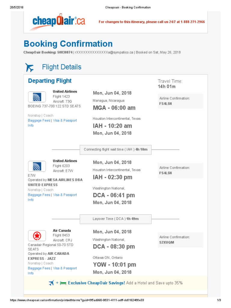 Cheapoair Booking Confirmation PDF Aviation Service Industries