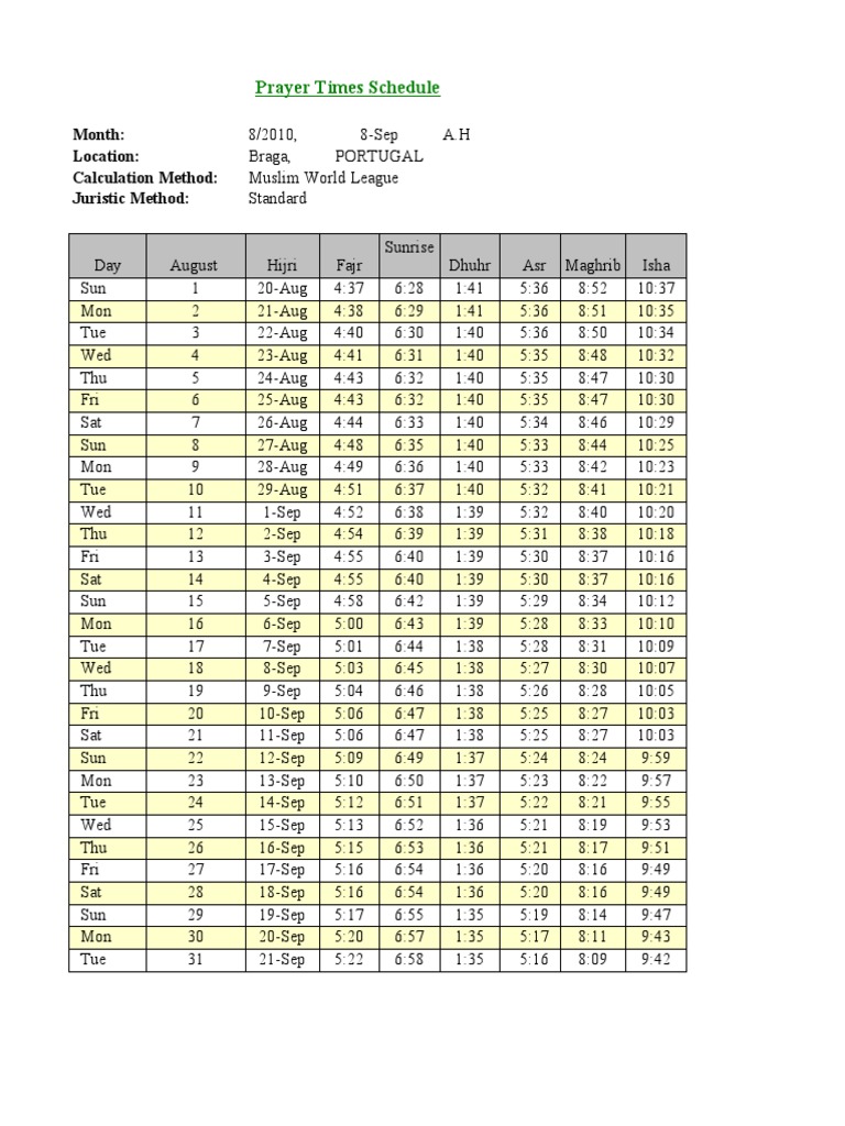 Prayer Times Schedule Month Location Calculation Method Juristic