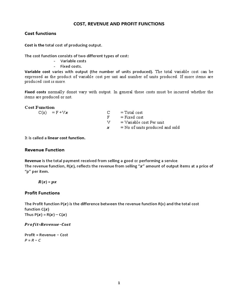 Cost Revenue and Profit Functions (English) | PDF | Marginal Cost ...