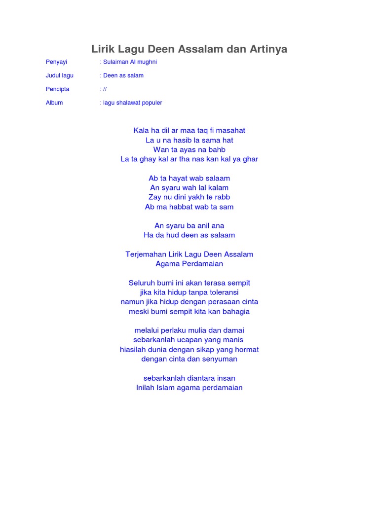 Lirik Lagu Deen Assalam Dan Artinya Pdf