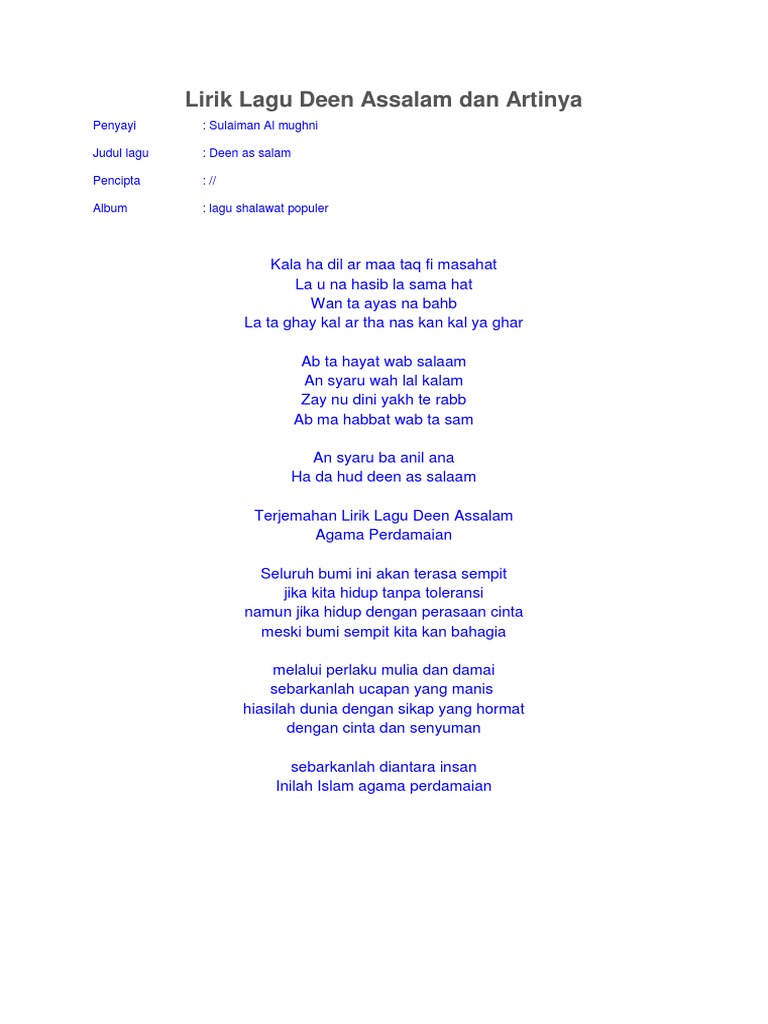 Lirik Lagu Deen Assalam Rumi