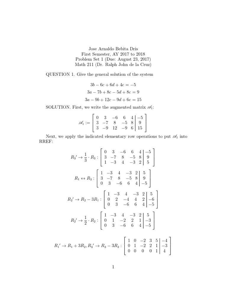 Linear Algebra - Problem Set 1 Solutions - Arnie Dris | PDF | Linear ...