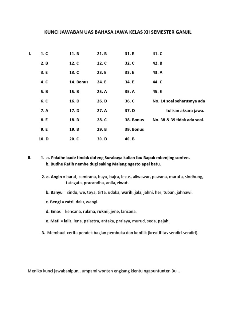 Kunci Uas B Jawa Kelas Xii Semester Ganjil