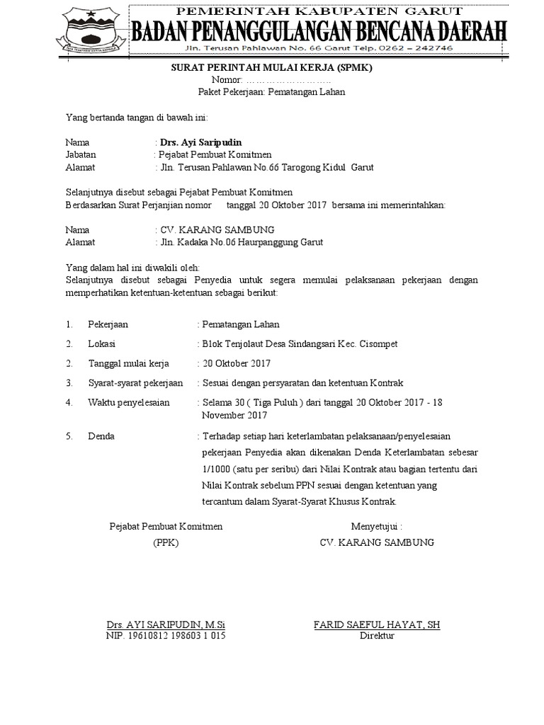 Surat Perintah Mulai Kerja Pematangan Lahan | PDF