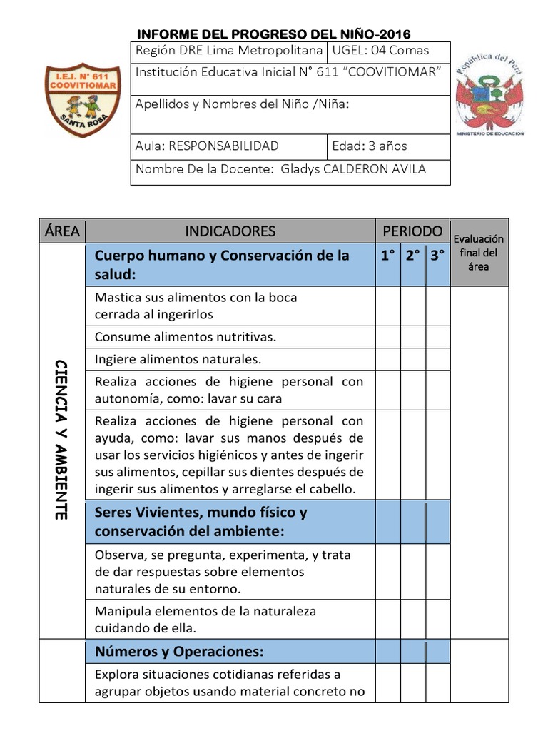 Informe Del Progreso Del Niño Coovitiomar 3 Años 2016 | Evaluación ...