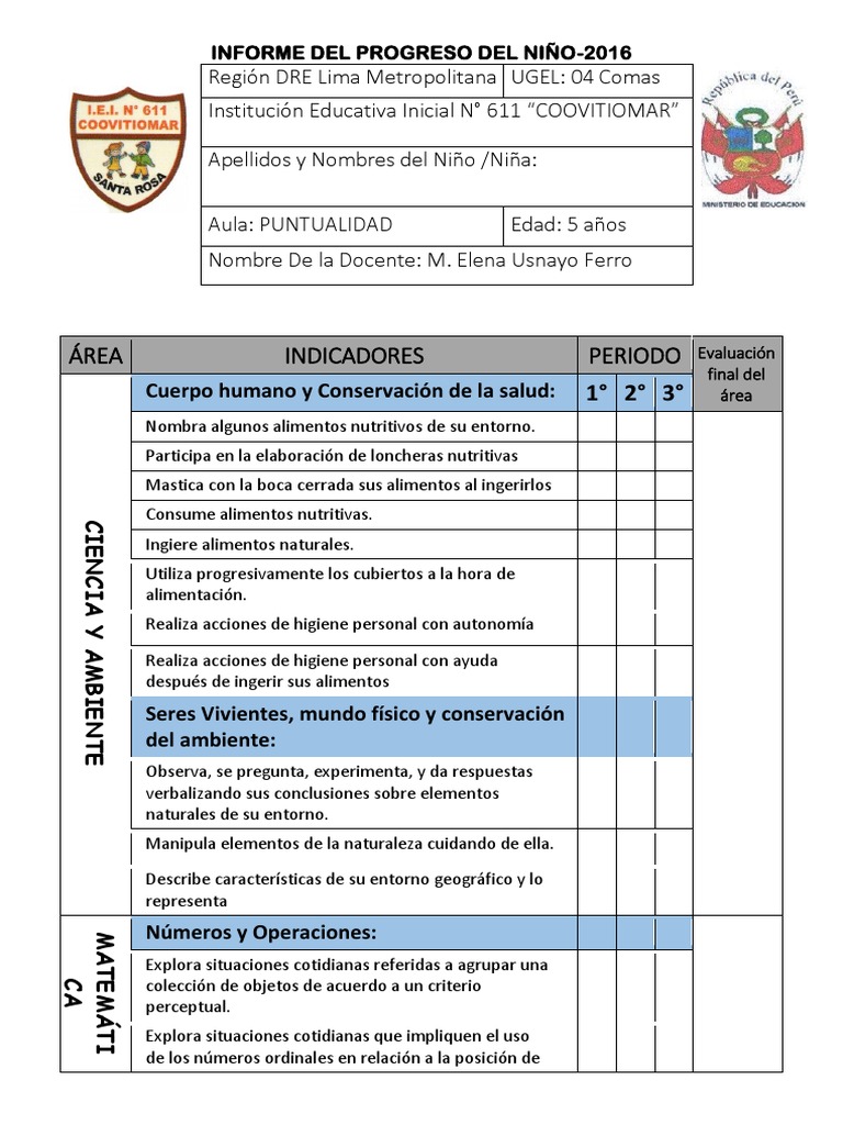 Informe Del Progreso Del Niño Coovitiomar 4 Años 2016 | PDF ...