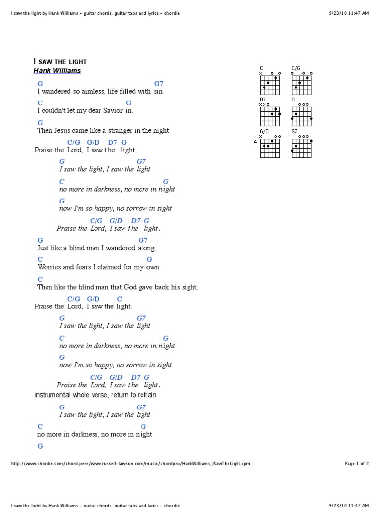 I Saw The Light By Hank Williams Guitar Chords Guitar Tabs And Lyrics Chordie Entertainment General