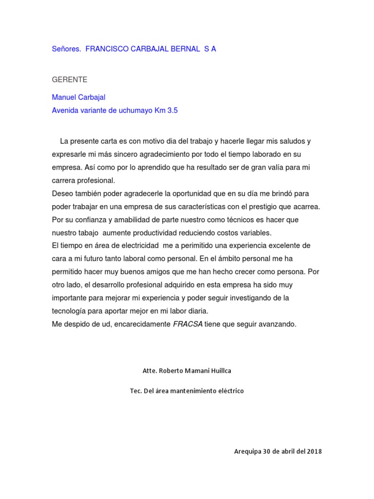 Carta de Agradecimiento Dia Del Trabajo