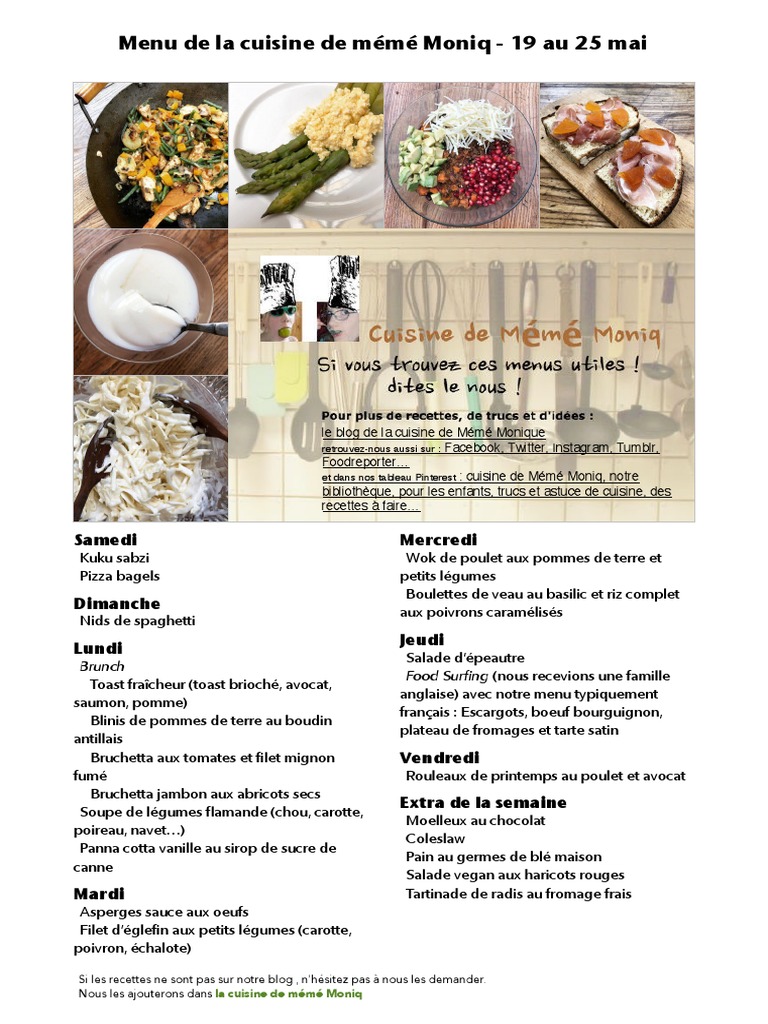 Menu De La Cuisine De Meme Moniq 19 Au 25 Mai Legumes Cuisine