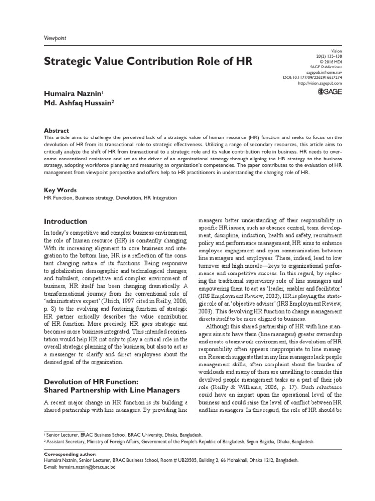 Strategic Value Contribution Role of HR PDF | PDF | Strategic ...