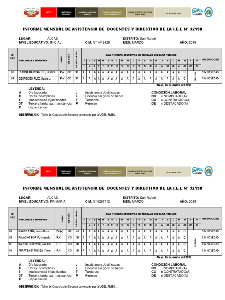 Informe de Parte Mensual de Asistencia Inicial, Primaria y Secundaria PDF
