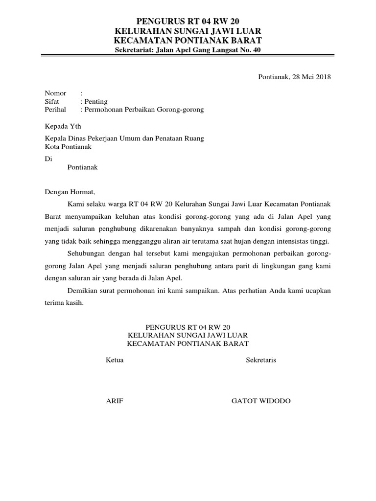 Surat Permohonan Perbaikan Gorong gorong Surat Permohonan Perbaikan Gorong gorong