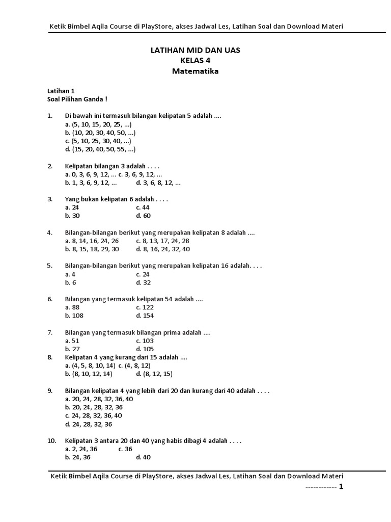 Latihan Soal Matematika Kelas 4 Sem 2