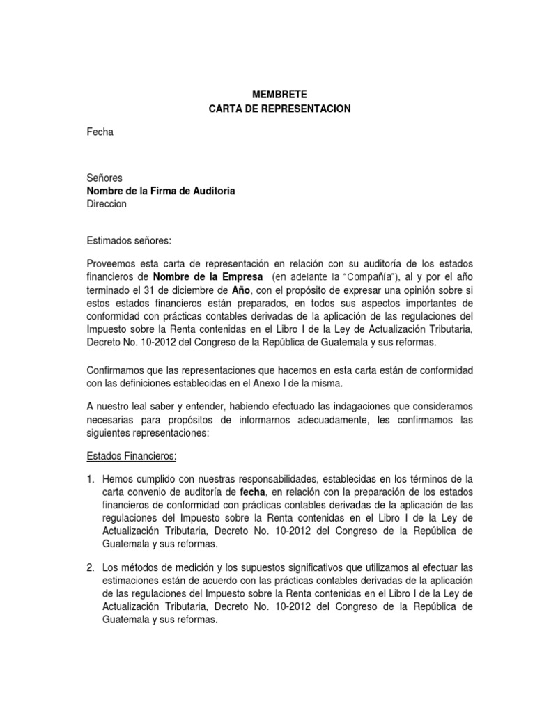 Carta de Representacion  Estado financiero  Contabilidad