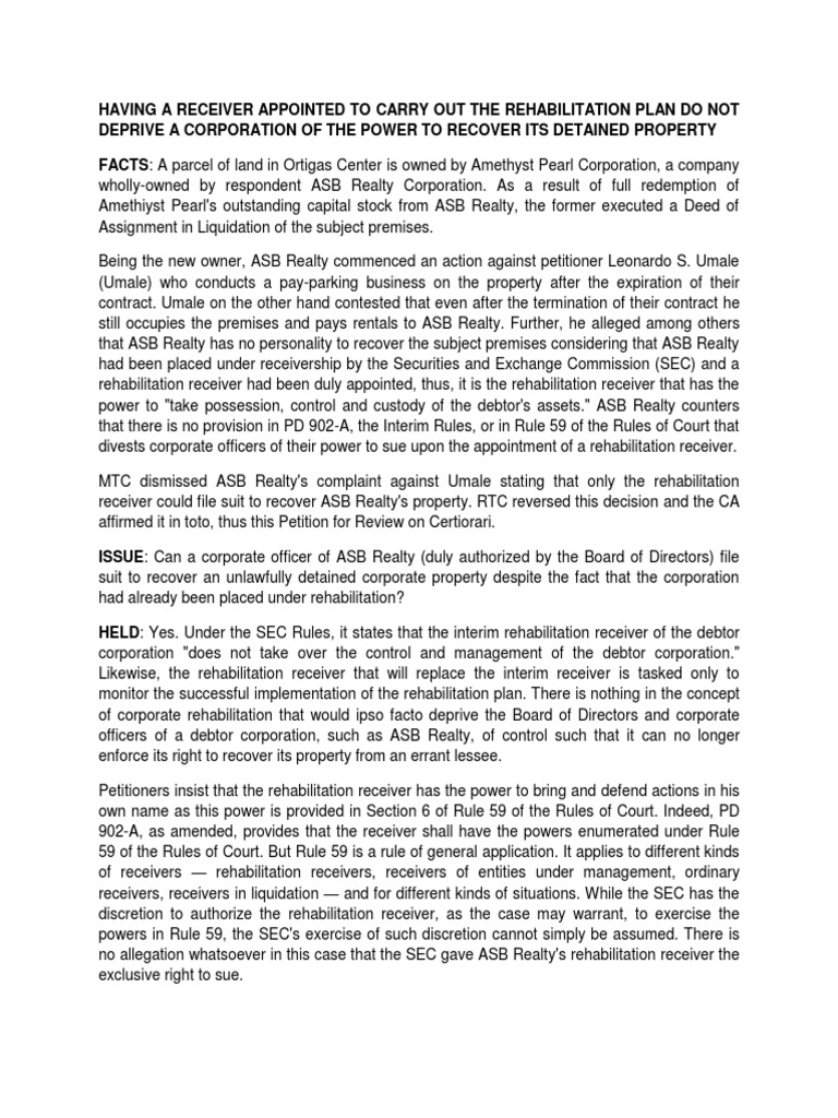 Umale vs. Asb Realty Corporation PDF Receivership Liquidation