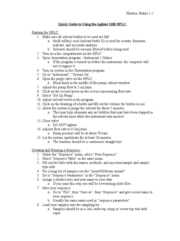 Quick Guide To Using The Agilent 1100 HPLC Manju Sharma PDF High