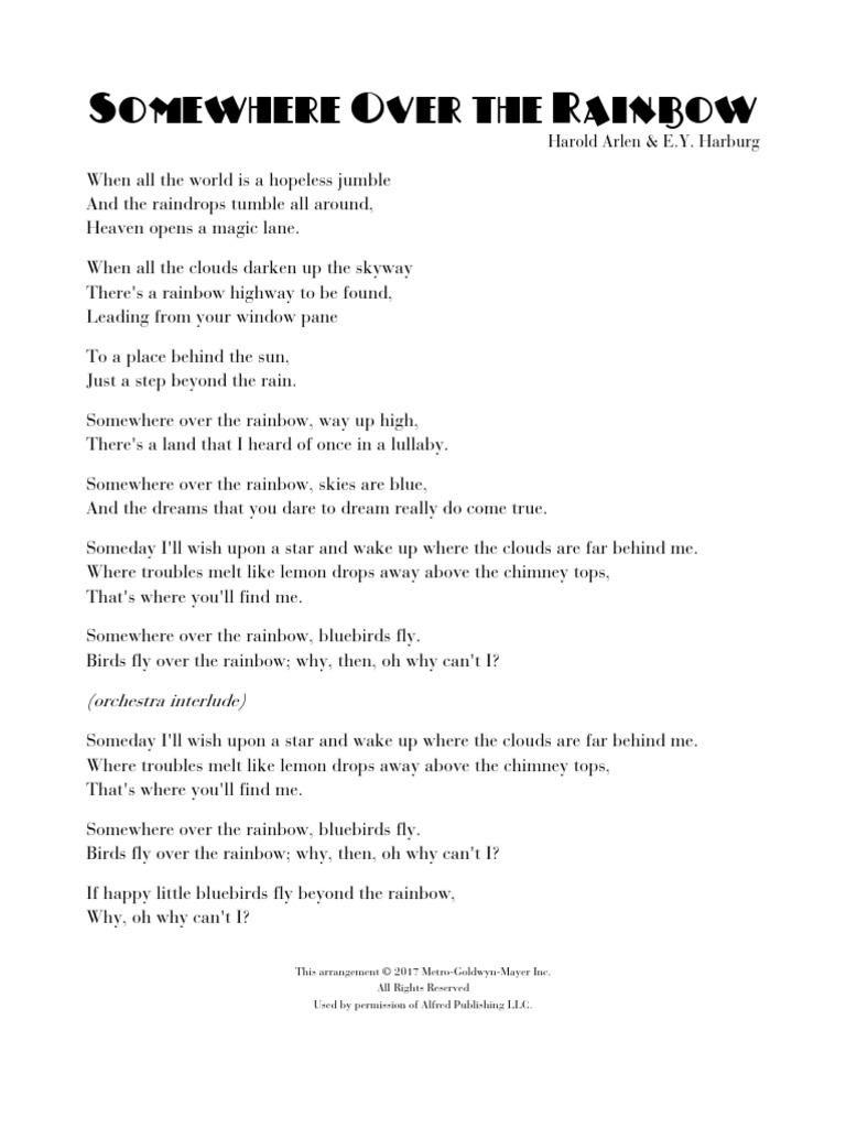Somewhere Over The Rainbow Lyrics Pdf