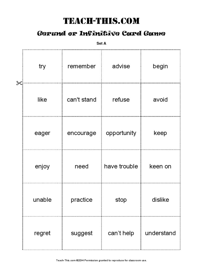 Gerund or Infinitive Card Game | PDF | Language Mechanics | Linguistic ...