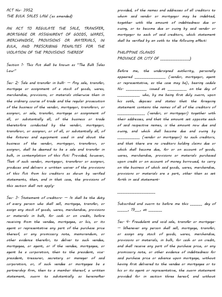 Act 3952 (Bulk Sales Law) PDF Mortgage Law Assignment (Law)