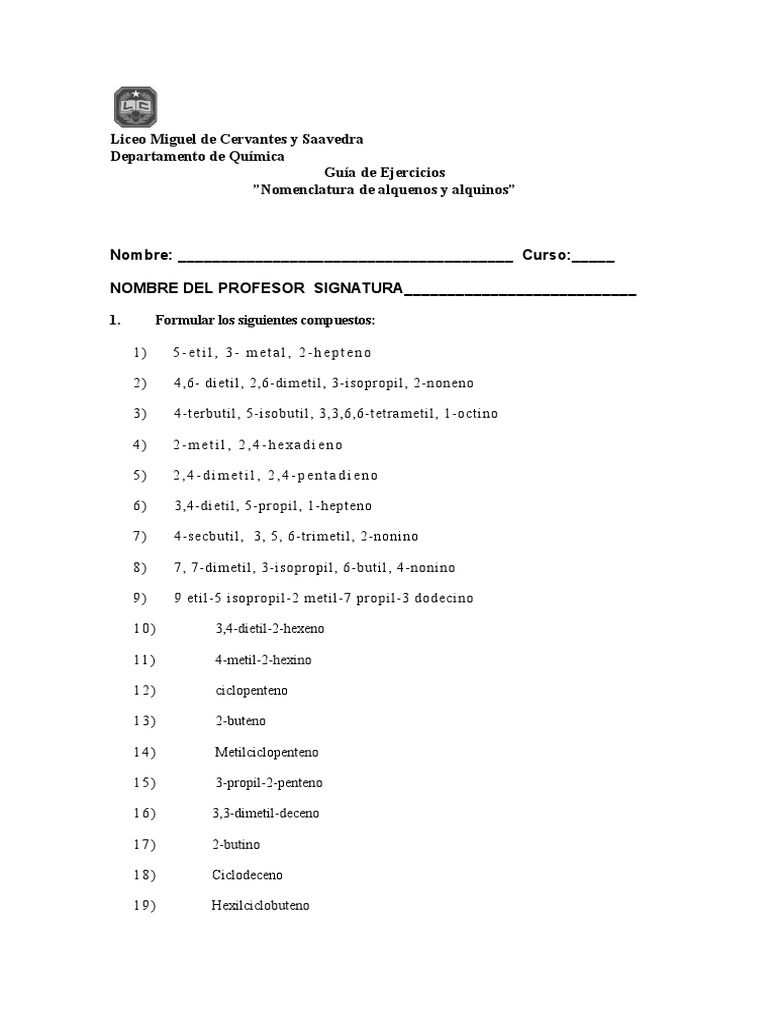 Guia De Ejercicios De Alcanos Y Alquenos Pdf Compuestos De Hidrogeno Carbon